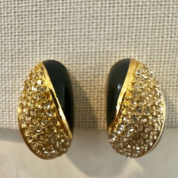 Christian Dior Gold & Black Enamel Rhinestone Clip-On Earrings ✨ - Picture 2 of 9
